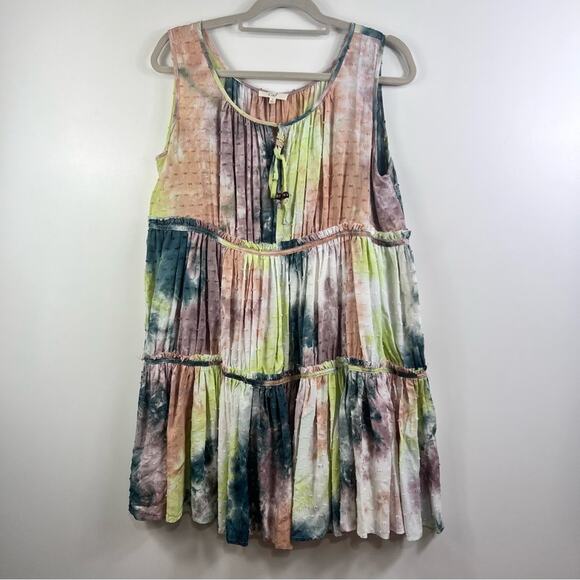 Babydoll Tie Dyed Easel Swiss Dot Tiered Mini Dress Small Boho Hippie Cottage - Picture 14 of 14